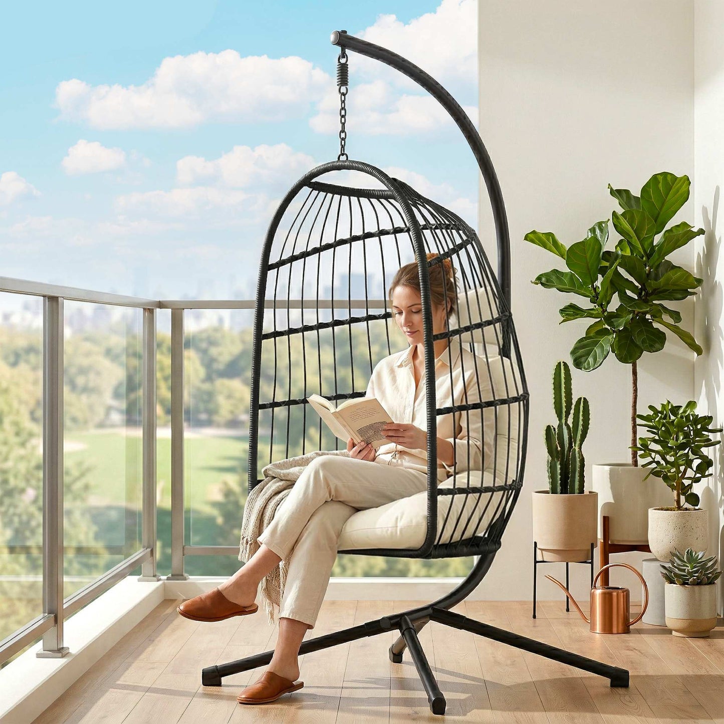 Hanging Egg Chair with Stand | 15cm Thick Cushion & Headrest | Adjustable Chain | Safety Strap | Foldable Basket | PE Rattan | 120kg | Indoor & Outdoor | Black & Cream White