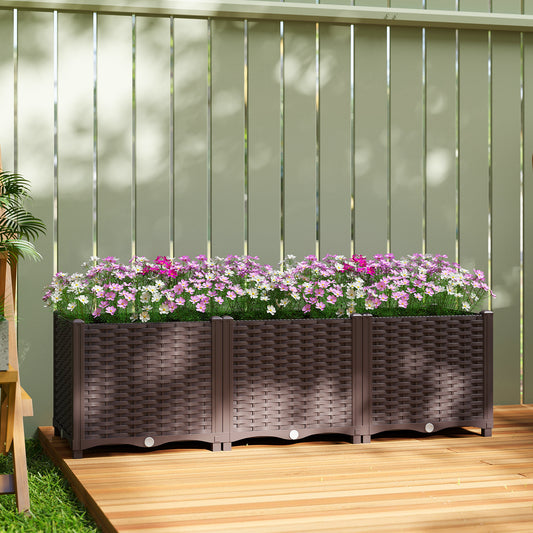 Modular Self-Watering Raised Planter Boxes | Built-In Reservoir | Drainage Holes & Plugs | Rattan-Style PP | Fade Resistant | 20kg Capacity | 120x40x37cm | Brown