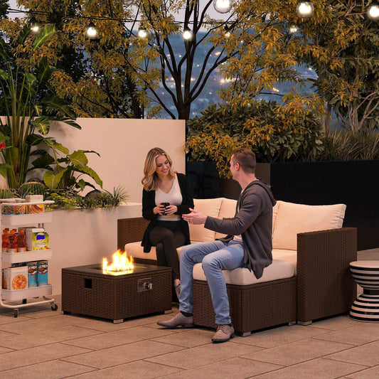 Outsunny Five Piece Rattan Garden Furniture Set with Gas Fire Pit Table and Footstool - Brown and Cream White