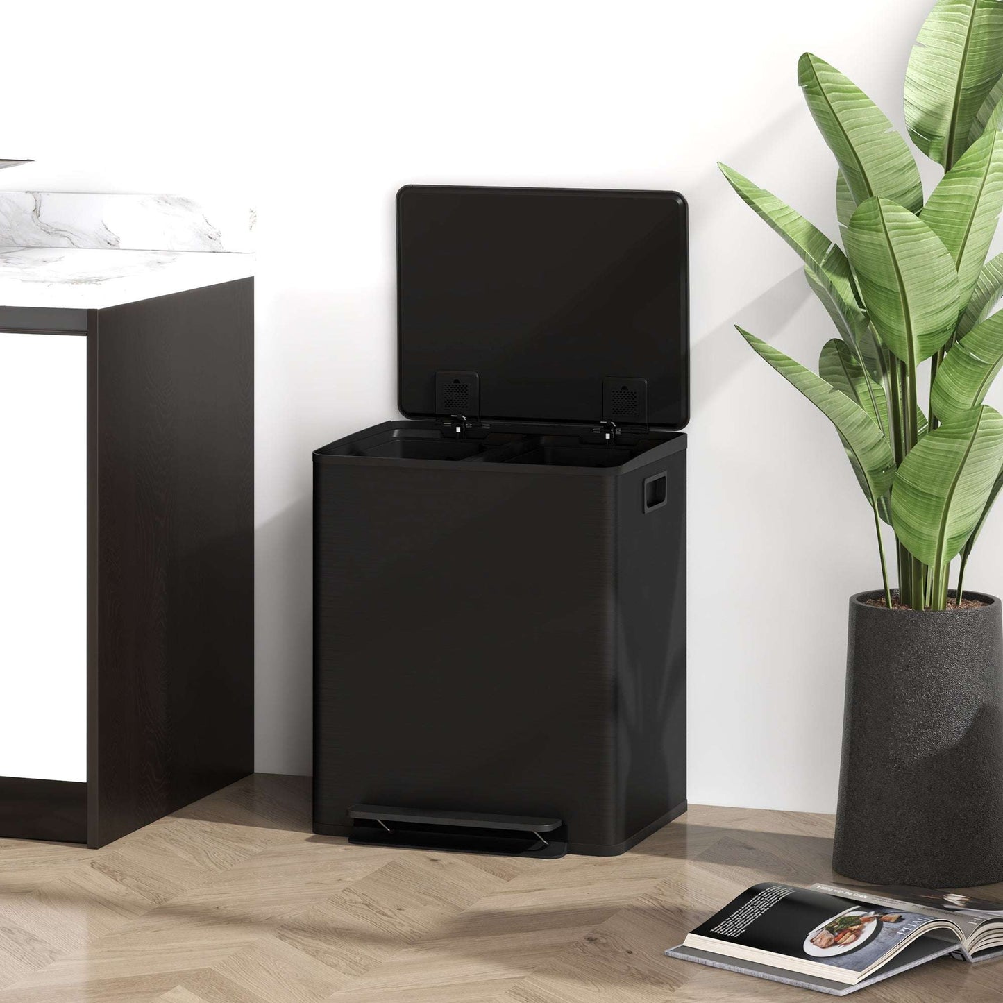50L Dual Compartment Stainless Steel Bin, with Deodoriser Holders - Black