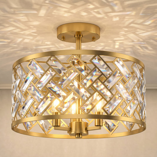 3-Light Crystal Drum Ceiling Light | 76 Crystal Prisms | 3x E14 Sockets | Electroplated Gold-Tone Frame | 39Dx34H cm | Max 40W per Bulb | LED Compatible | Ceiling >2.3m | Bulbs Not Included | Gold Tone