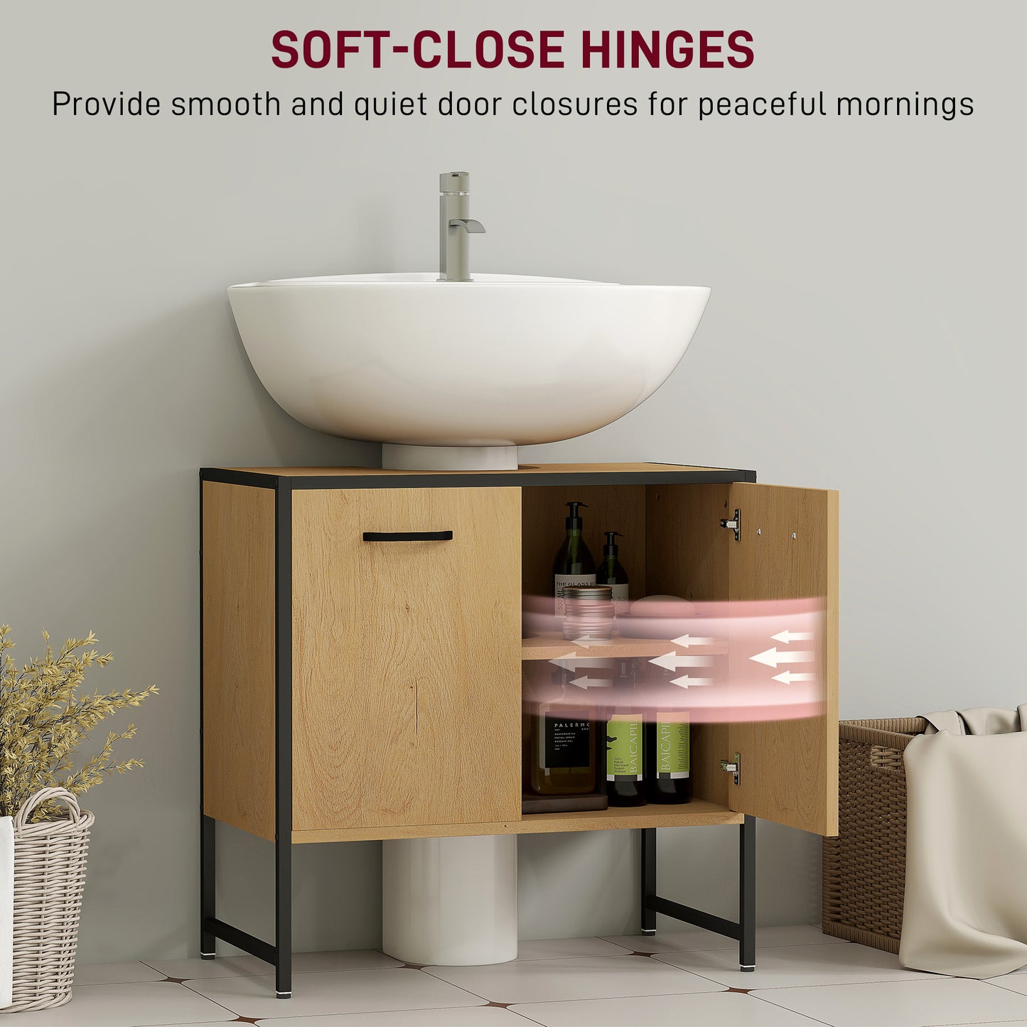 Bathroom Vanity Unit, Under Sink Storage Cabinet with Soft-Close Doors for Basin without or with Pedestal, Natural