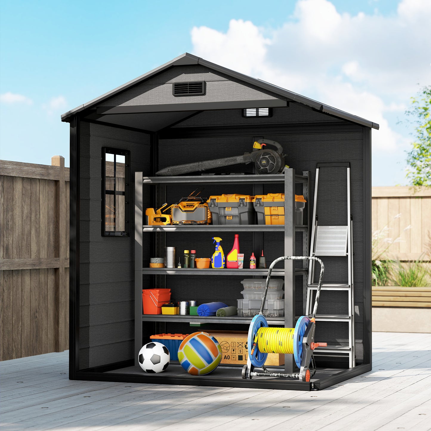 Aluminium Alloy & PP Garden Storage Shed | Double Doors | Lock & 3 Keys | Window | Vent | Sloped Roof | 40kg/m² Snow Rating | 183x134x210cm | 2.12m² | Dark Grey