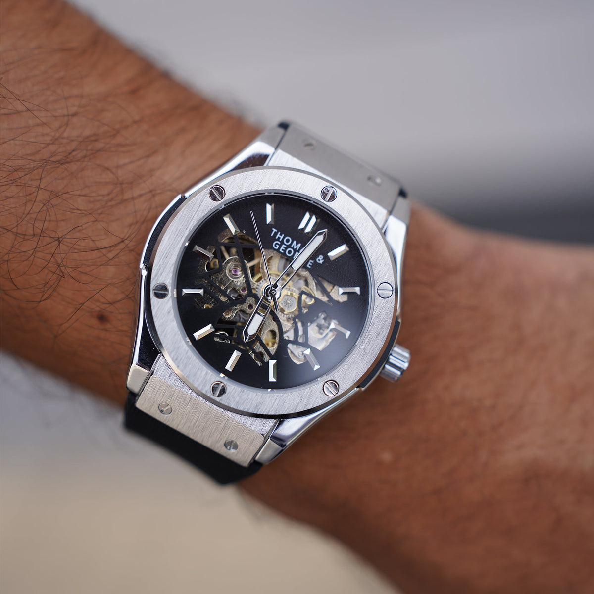 Thomas & George Norway Alloy Edition Automatic Skeleton Watch | 42mm Round Silver-Tone Alloy Case & Stainless Steel Bracelet | Optional Luxury Box