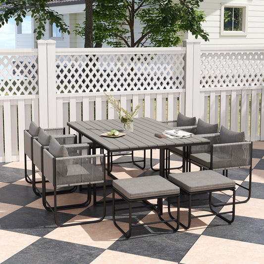 10 Seater Rattan Cube Garden Furniture Set, Rattan Dining Set with Cushions, Outdoor Dining Table and Chairs with 6 Armchairs, 4 Stools - Grey