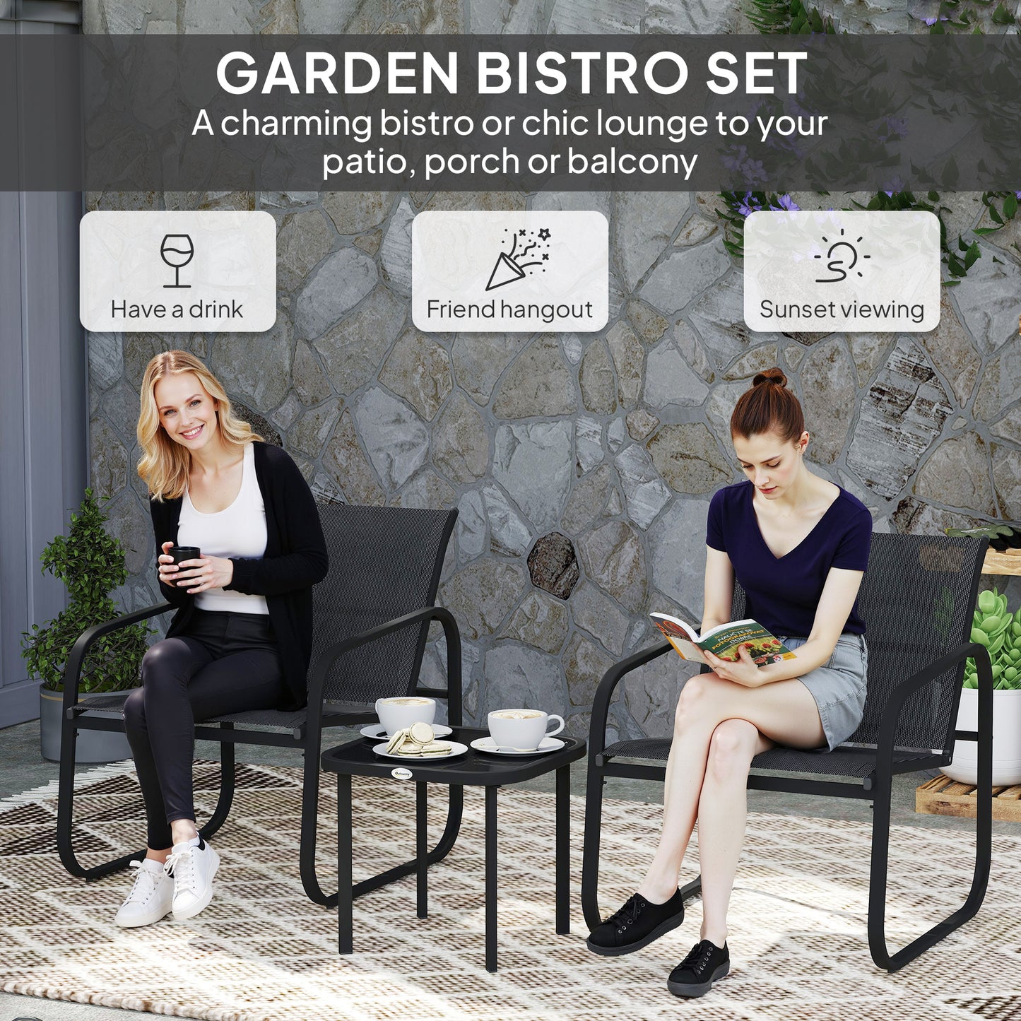 Outsunny Three-Piece Garden Seating Chairs & Table Set - Black