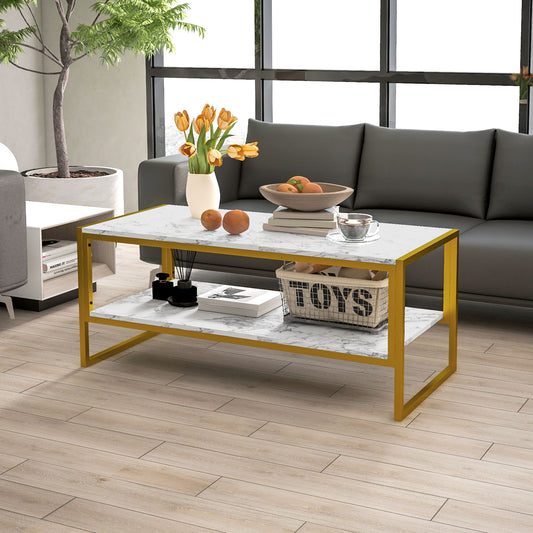 Two-Tier Coffee Table, Modern Marble Effect Center Table with Storage Shelf and Metal Frame, Tea Table for Living Room, White