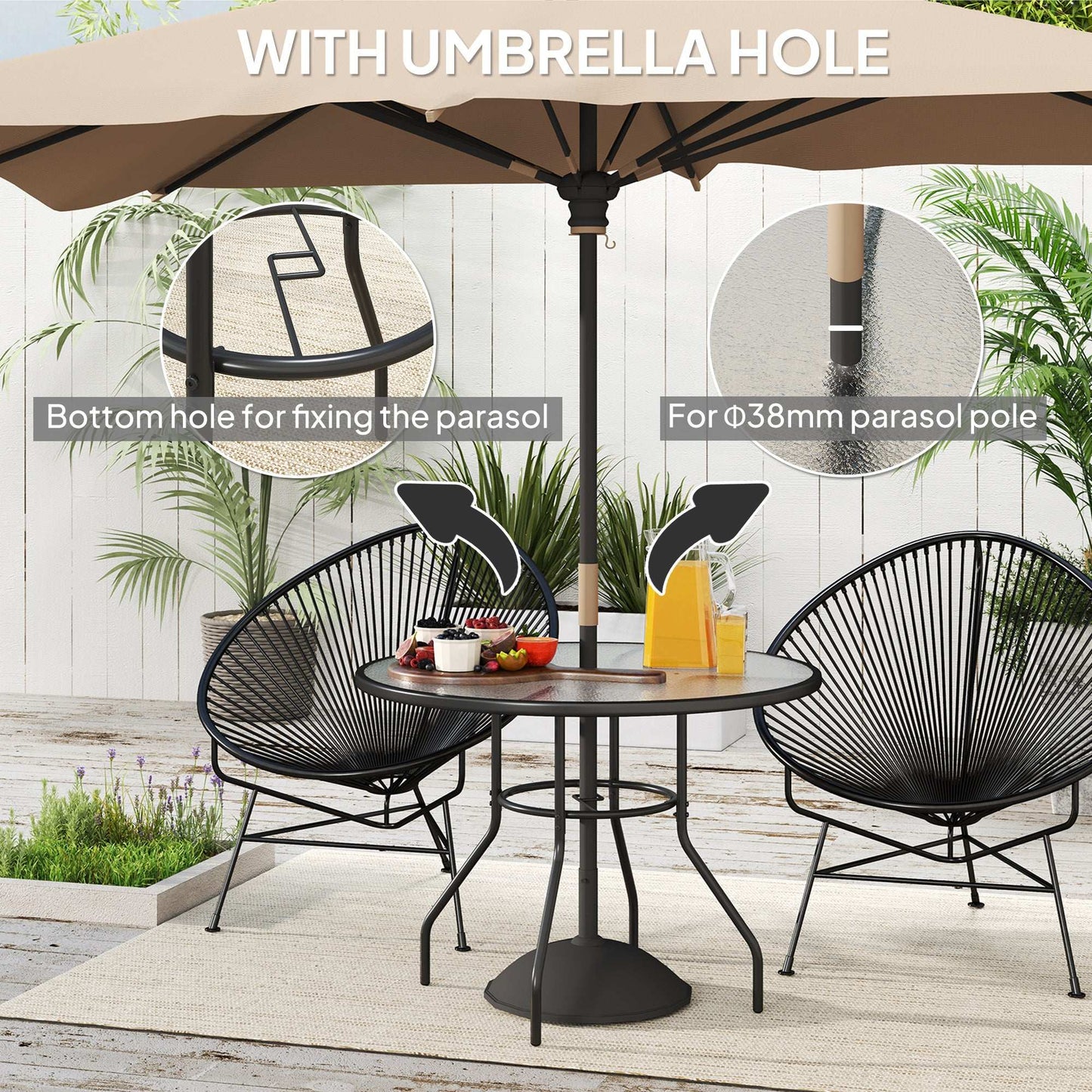 Outsunny 100 cm Round Dining Table with Parasol Hole, Outdoor Tempered Glass Top, Steel Frame for Garden, Black