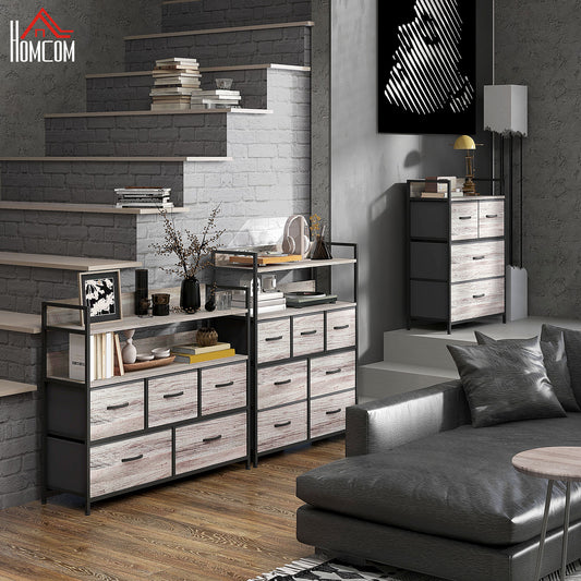 Retro Style Rustic Chest of Seven Fabric Drawers - Grey Wood Effect