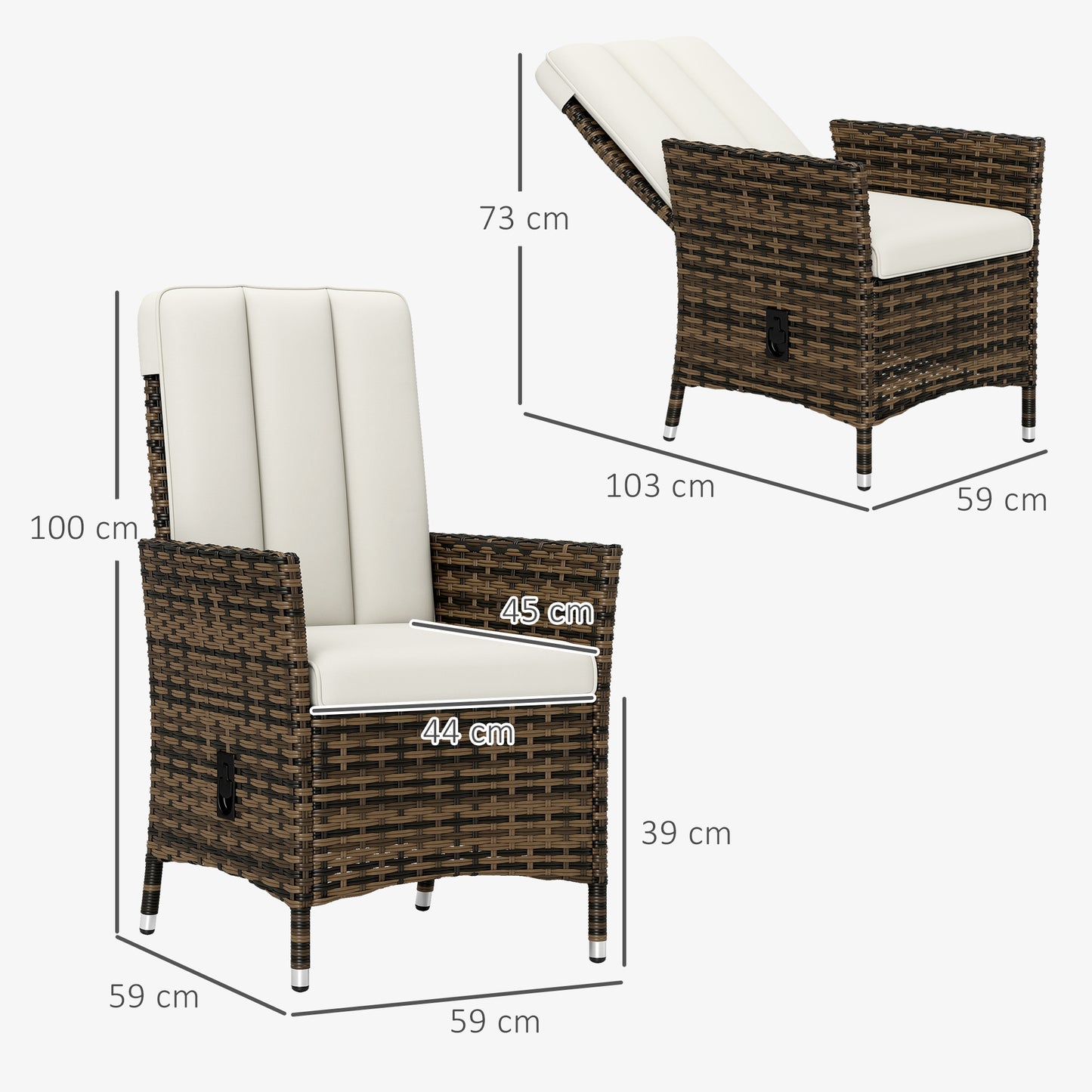 Rattan Garden Recliner Chair, Wicker Reclining Armchair with Adjustable Backrest and Cushion, Outdoor Lounge Sun Lounger, Cream White