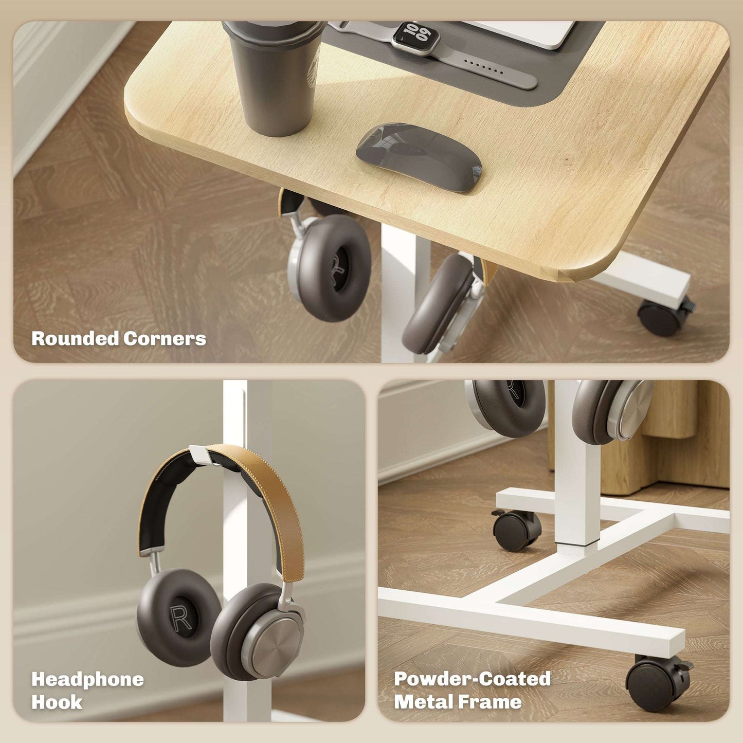 Height Adjustable Standing Desk, Pneumatic Sit Stand Desk for Laptop, Mobile Overbed Table W/ Wheels And Headphone Hook for Home Office
