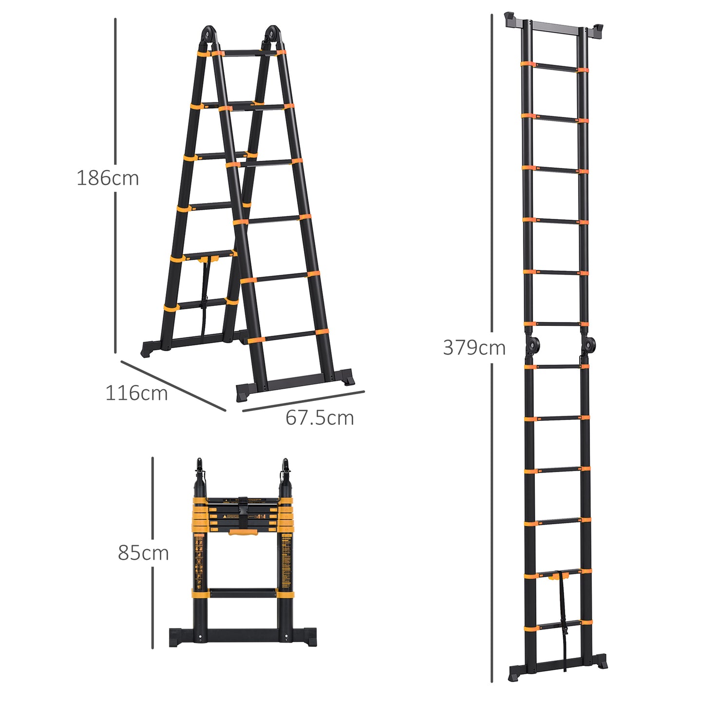 3.8M Duo Aluminium Ladder w/ Tool Holder Herringbone Deployed Extendable DIY w/ 12 Non-Slip Steps, Yellow