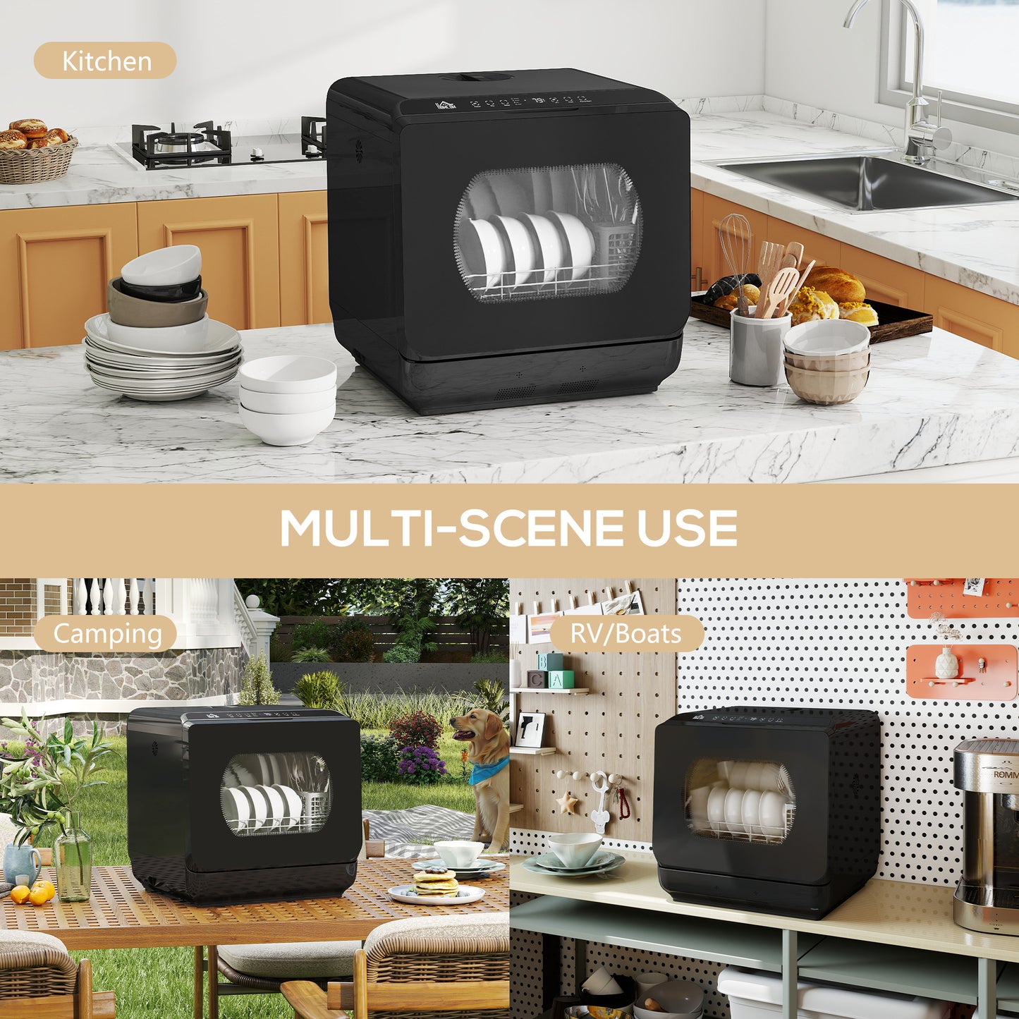 Table Top Dishwasher with Built-in 6L Water Tank, Mini Countertop Dishwasher with 6 Programs, 4 Place Settings, Black