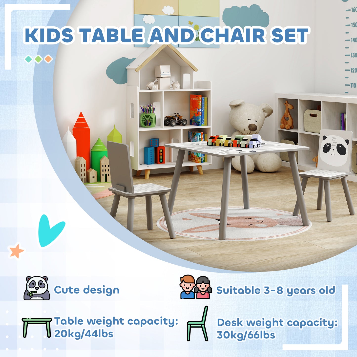 ZONEKIZ Kids Table and Chairs, Kids Storage Unit and Kids Easel Set, Cute Animal Design Kids Activity Furniture Set for Ages 3-8 Years, Grey