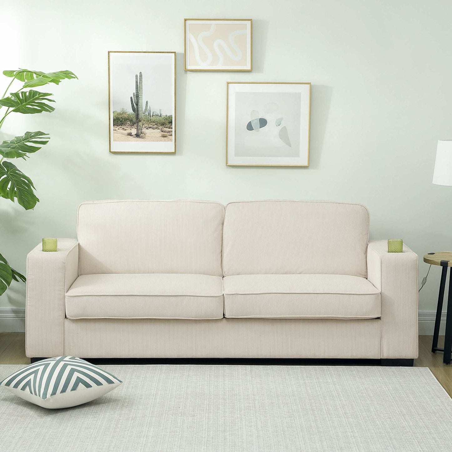 Modern Three Seater Sofa with Spring Cushion - Cream White