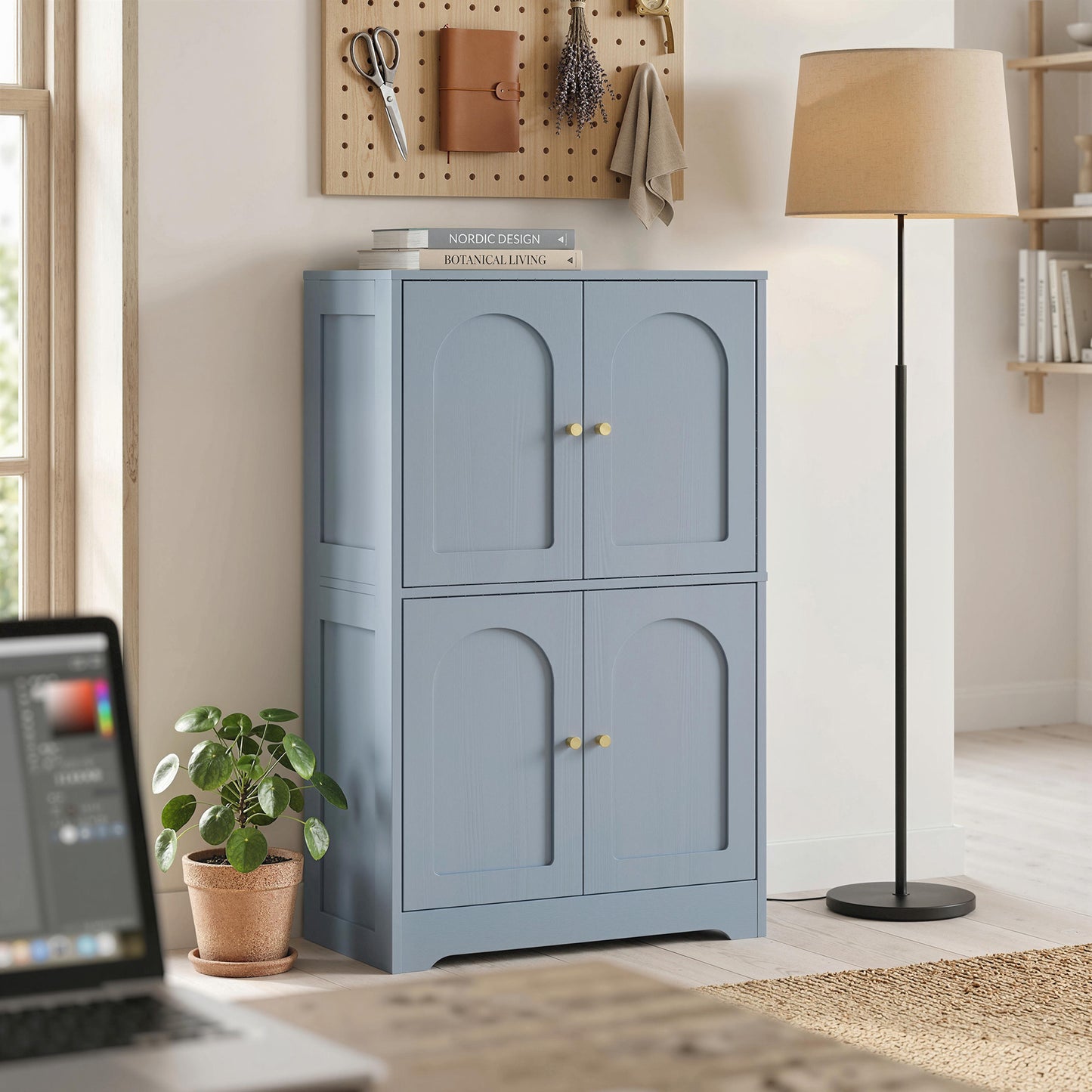 4-Door Kitchen Storage Cabinet with Adjustable Shelves, Arched Curve Doors, Gold Handles, Anti-Tip, 60x30x110cm – Grey