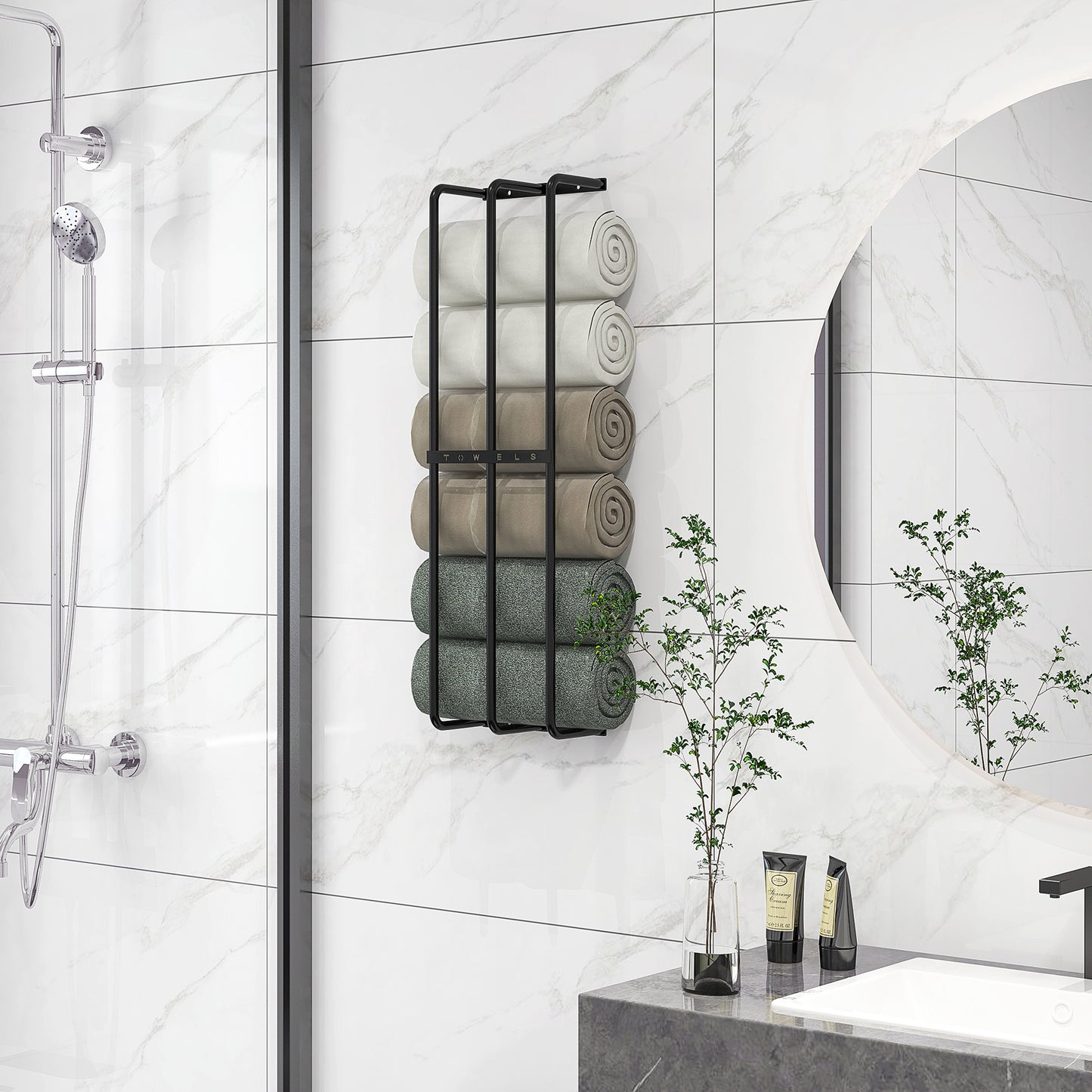 Towel Rail Wall Mounted Metal Rack Holder Organiser Holds Up to 6 Large Size (160 x 100cm) Rolled Towels, 3 Bar Towel Storage for Bathroom - Black