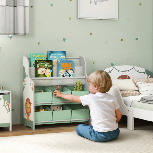 Kids Storage Unit with 6 Fabric Drawers & 2-Tier Sling Book Rack β Star Pattern, Rounded Corners, EN71 Tested, For Bedroom, Playroom & Nursery β Green