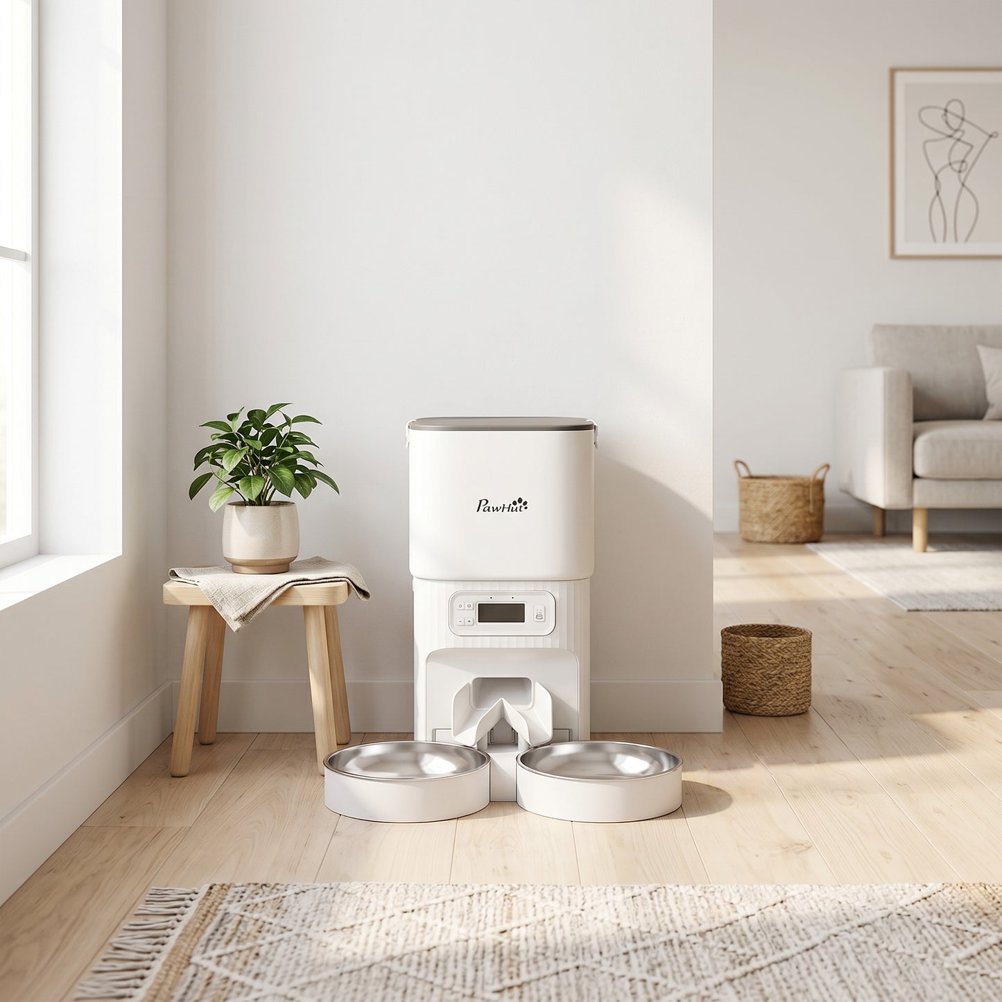 Automatic Pet Feeder | Dual Bowl | LCD Screen & Button Control | Anti-Jam | Airtight Lid | 4L / 16 Cup Tank | Dual Power | Cats & Dogs up to 15kg | White