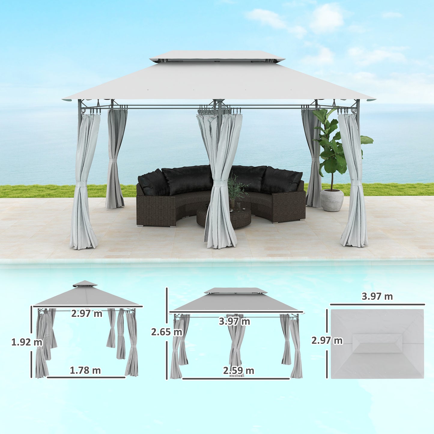 Outsunny 3 x 4m Garden Gazebo with Sides, Double Roof Metal Gazebo, Outdoor Gazebo Canopy Shelter for Patio, Deck, Dark Grey