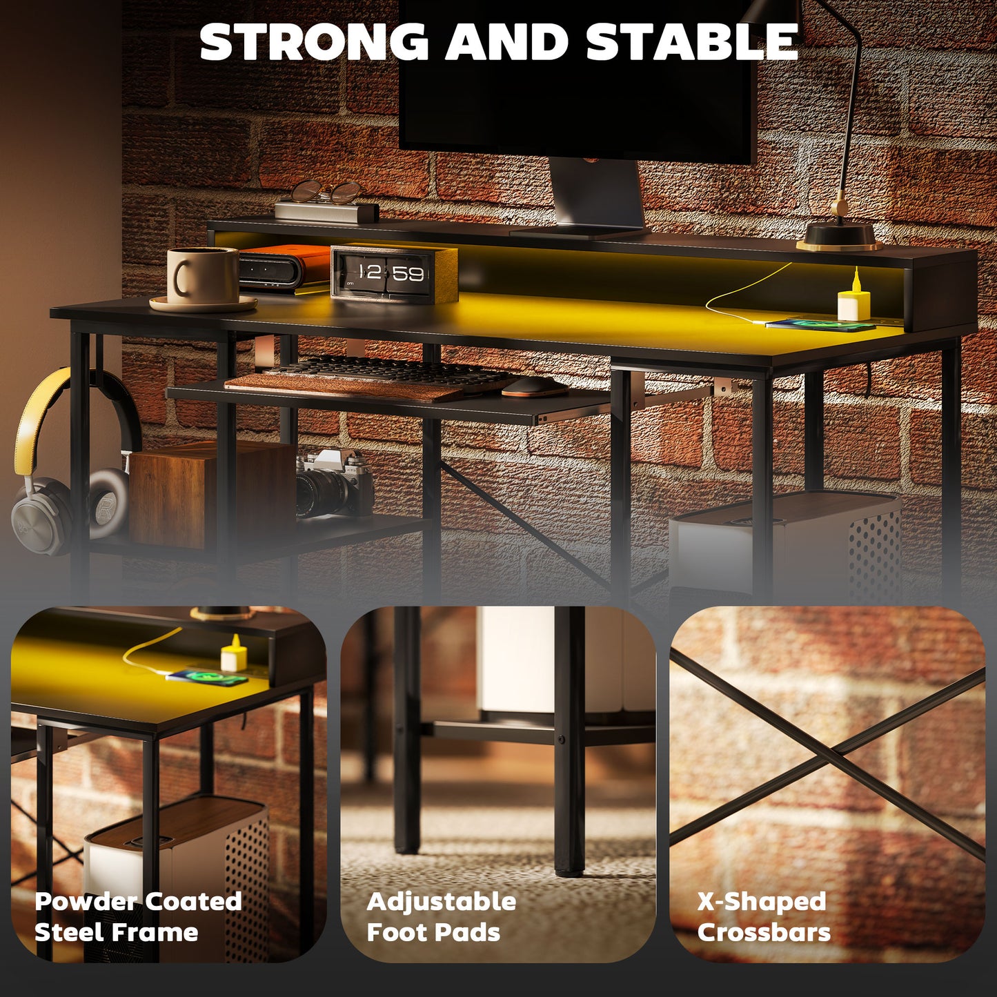 Reversible Computer Desk with LED Lights and Power Outlets, 120 x 55 cm Gaming Desk with Monitor Stand, Sliding Keyboard Tray and Storage Shelves,