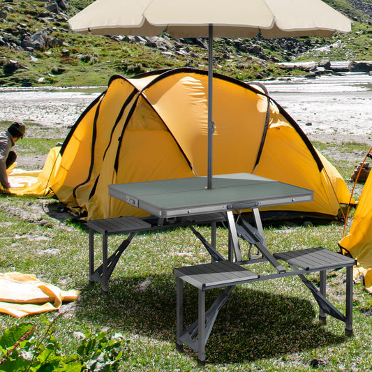 Outsunny Folding Picnic Camping Table with 4 Seats and Umbrella Hole - Grey