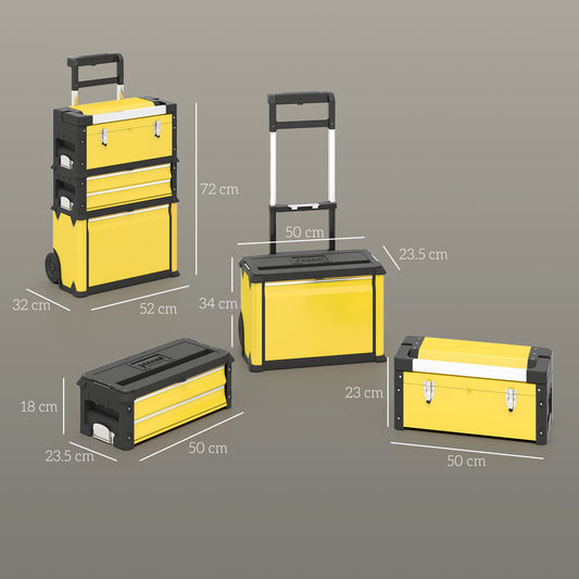 3-in-1 Stackable Three Tier Rolling Tool Storage Box On Wheels - Yellow