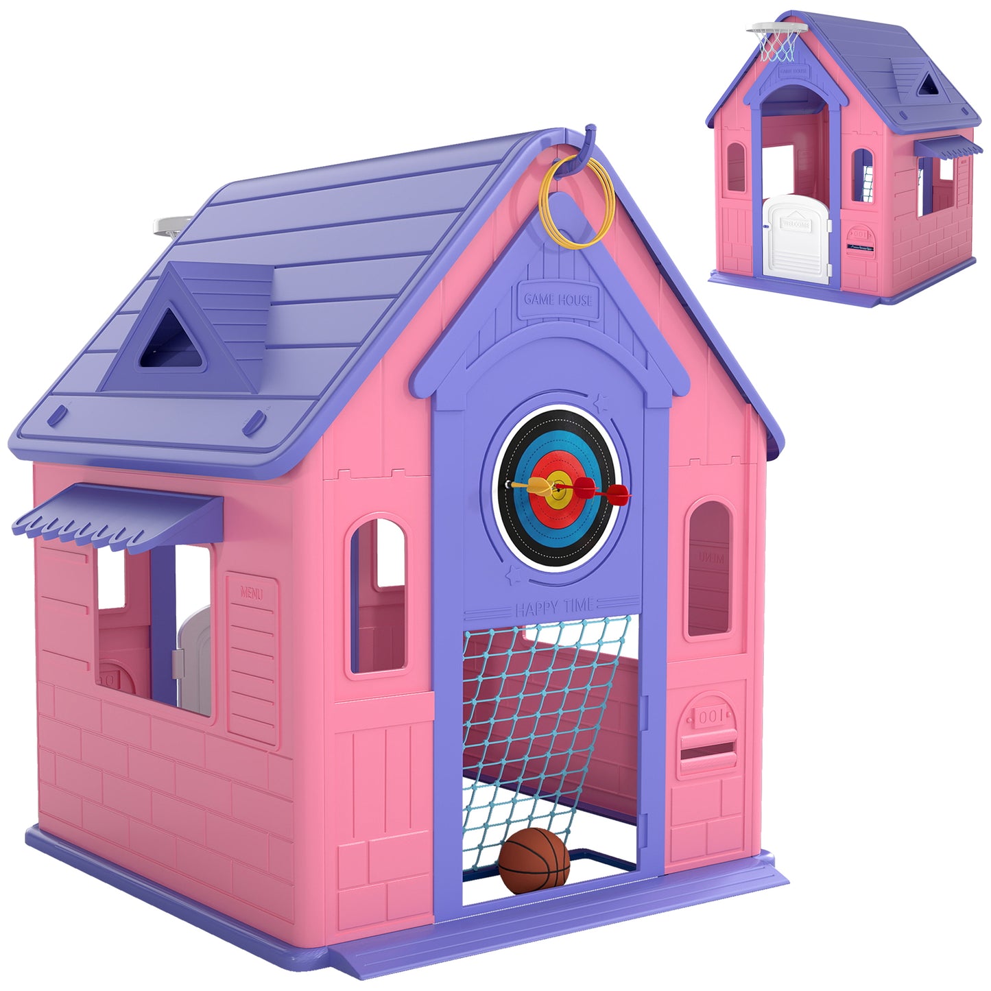 AIYAPLAY 5-in-1 Playhouse for Kids Outdoor Indoor with Basketball Hoop, Football Goal, Dartboard, Ring Toss for 2-5 Years, Beige / Pink