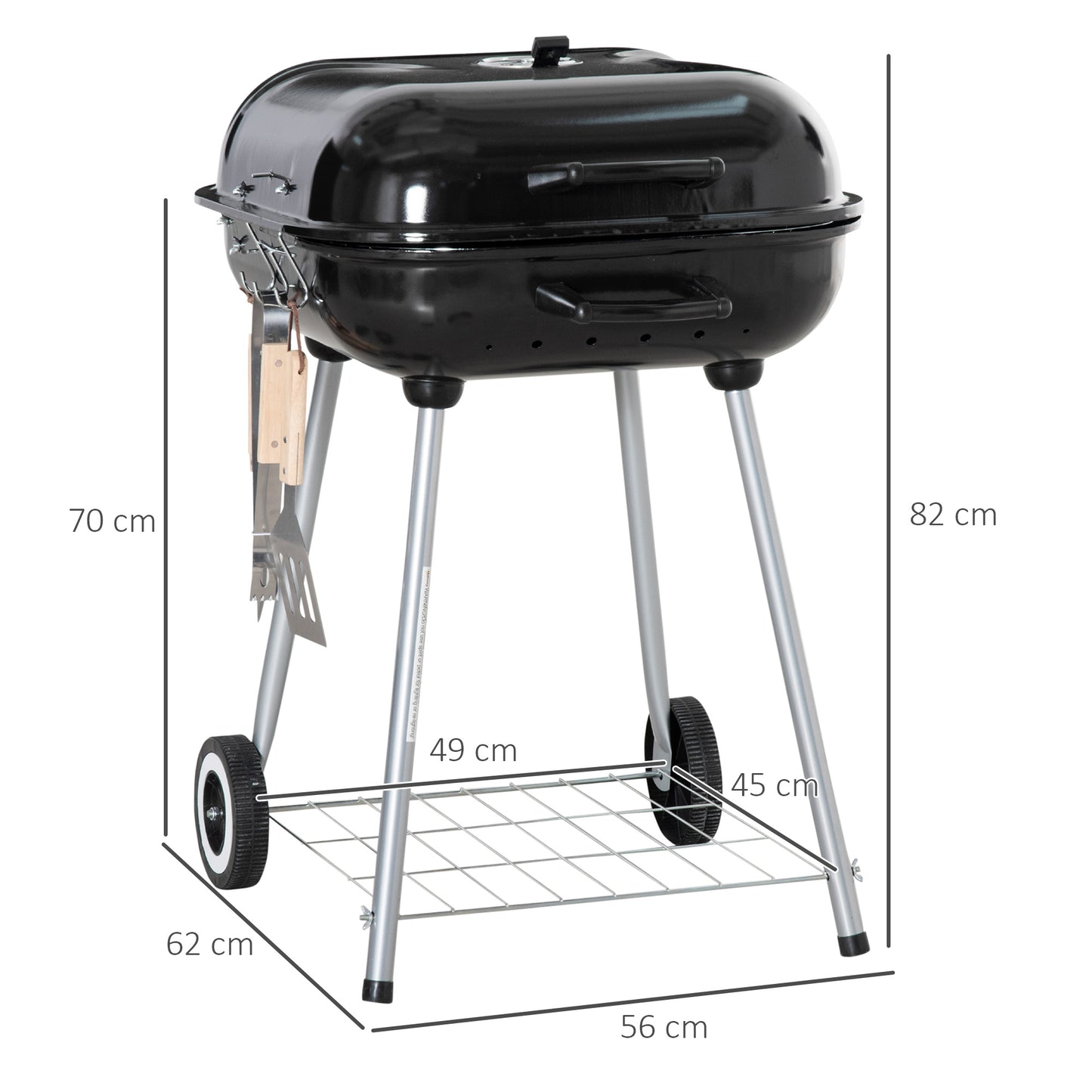 Outsunny Portable BBQ Charcoal Grill with 2 Wheels and Cooking Utensils, Smoker Grill with Lid for Outdoor Barbecues, Camping, Picnic