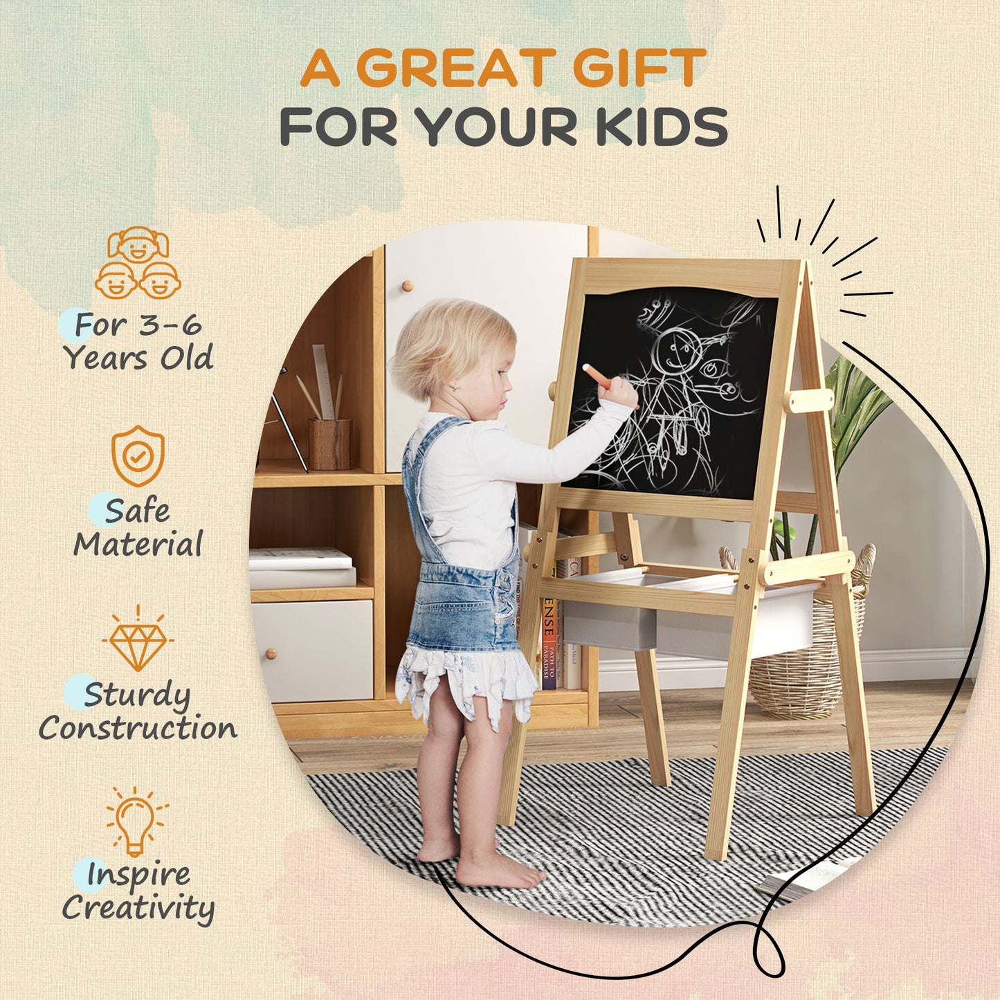 Kids Easel W/ Paper Roll, 3 in 1 Art Easel for Toddlers, Double-Sided Kids Whiteboard Blackboard with Storage Baskets for Ages 3-6 Years