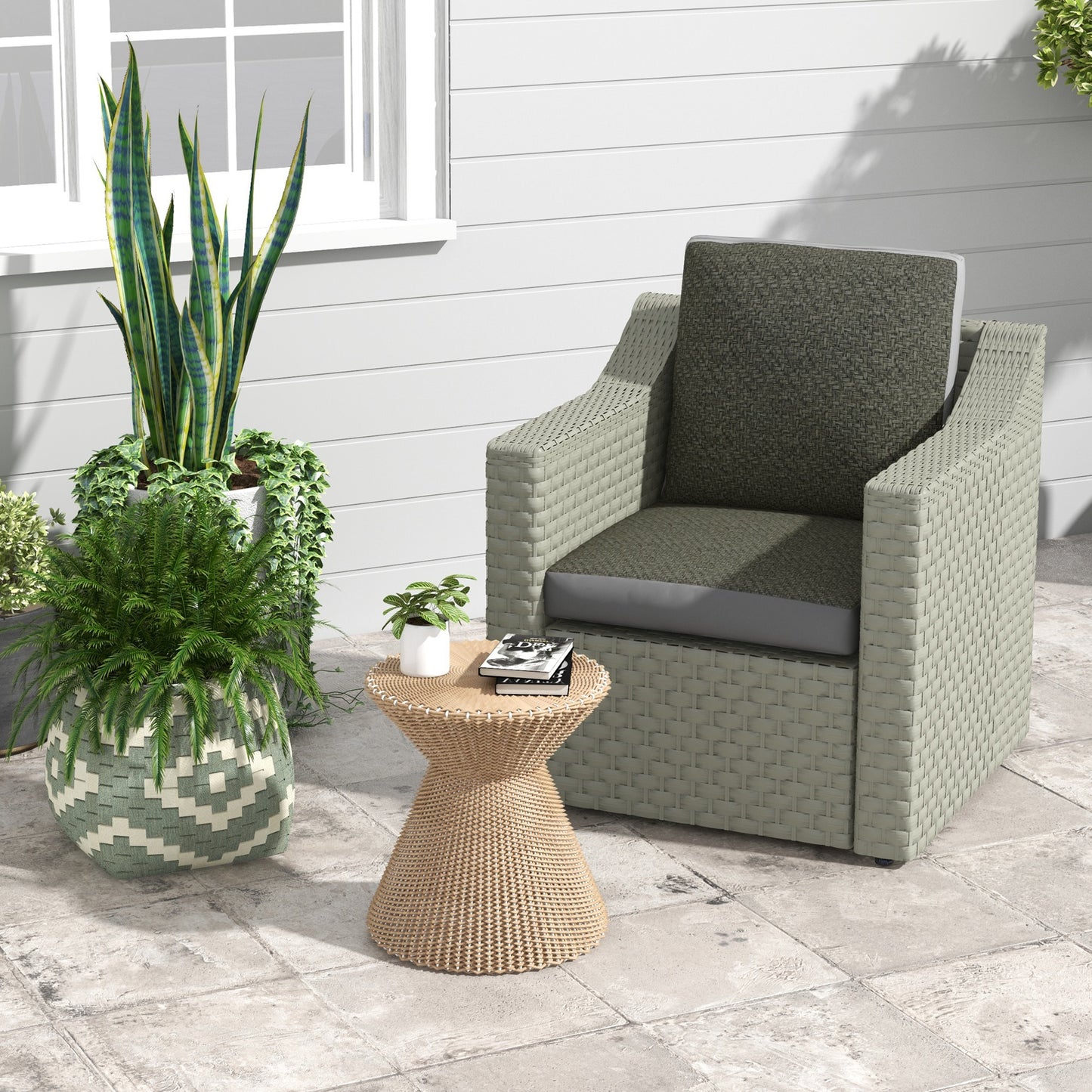 Outsunny Set of 4 Outdoor Seat Cushions with Backrest, Fabric and PE Rattan Cover, Water Repellent Seat Pads for Chair, Swing, Sofa, Grey