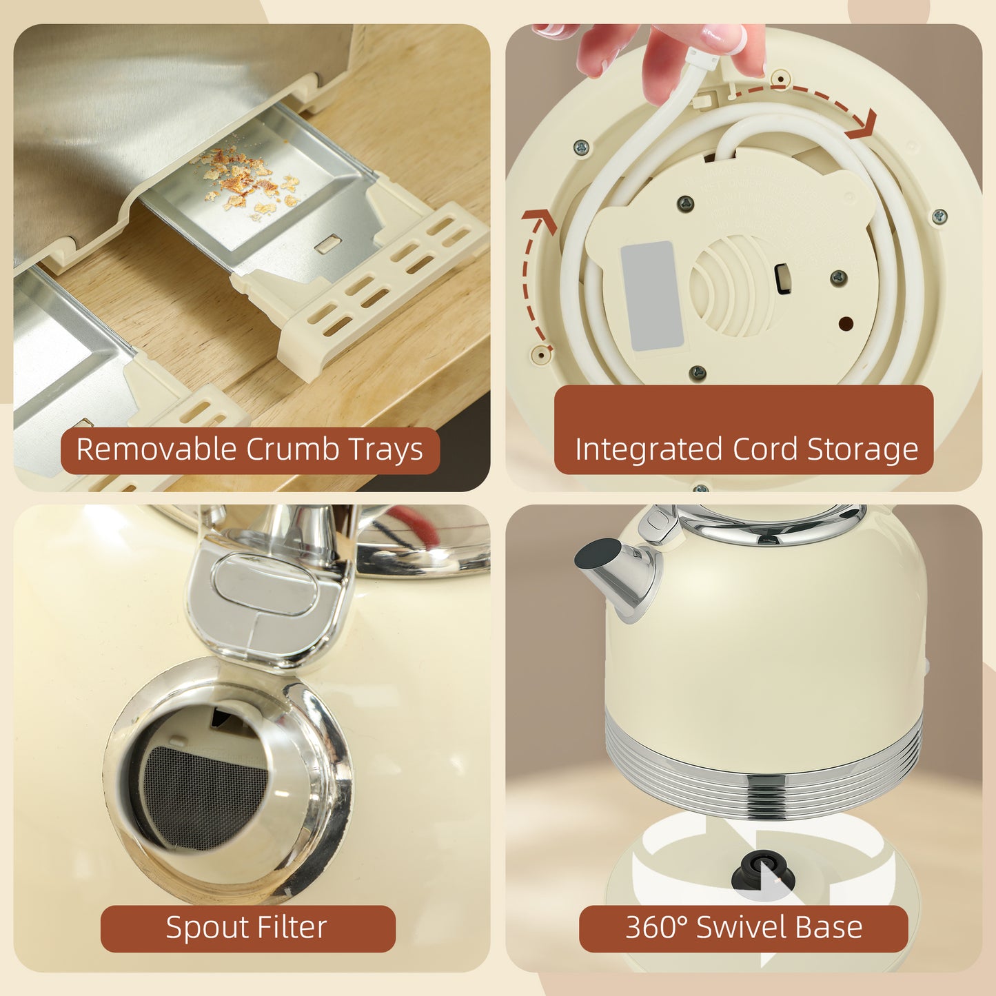Polished Metal Kettle and Toaster Set - Cream