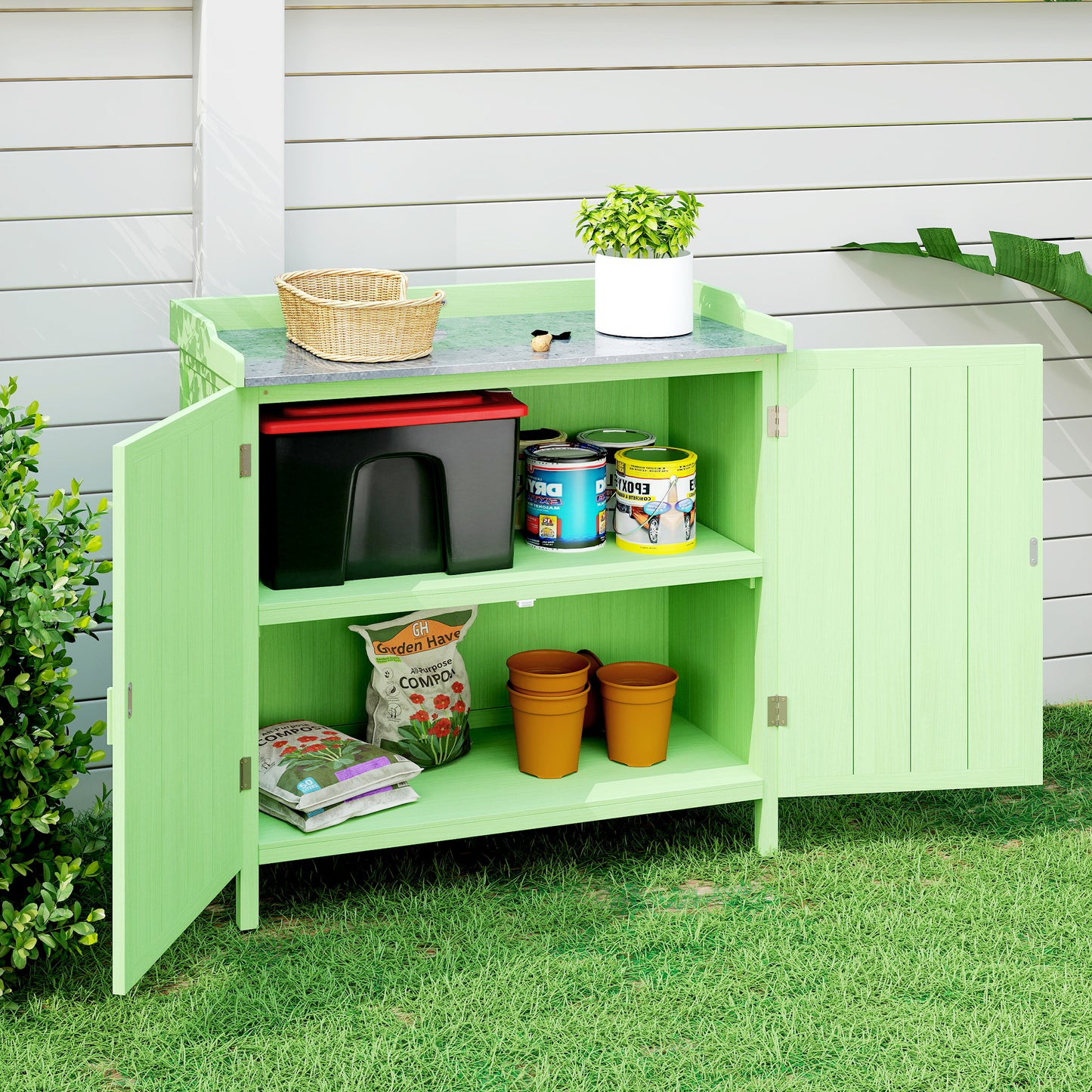 Wood Garden Storage Cabinet, Outdoor Tool Shed, Potting Bench Table with galvanised Top and Two Shelves, Green