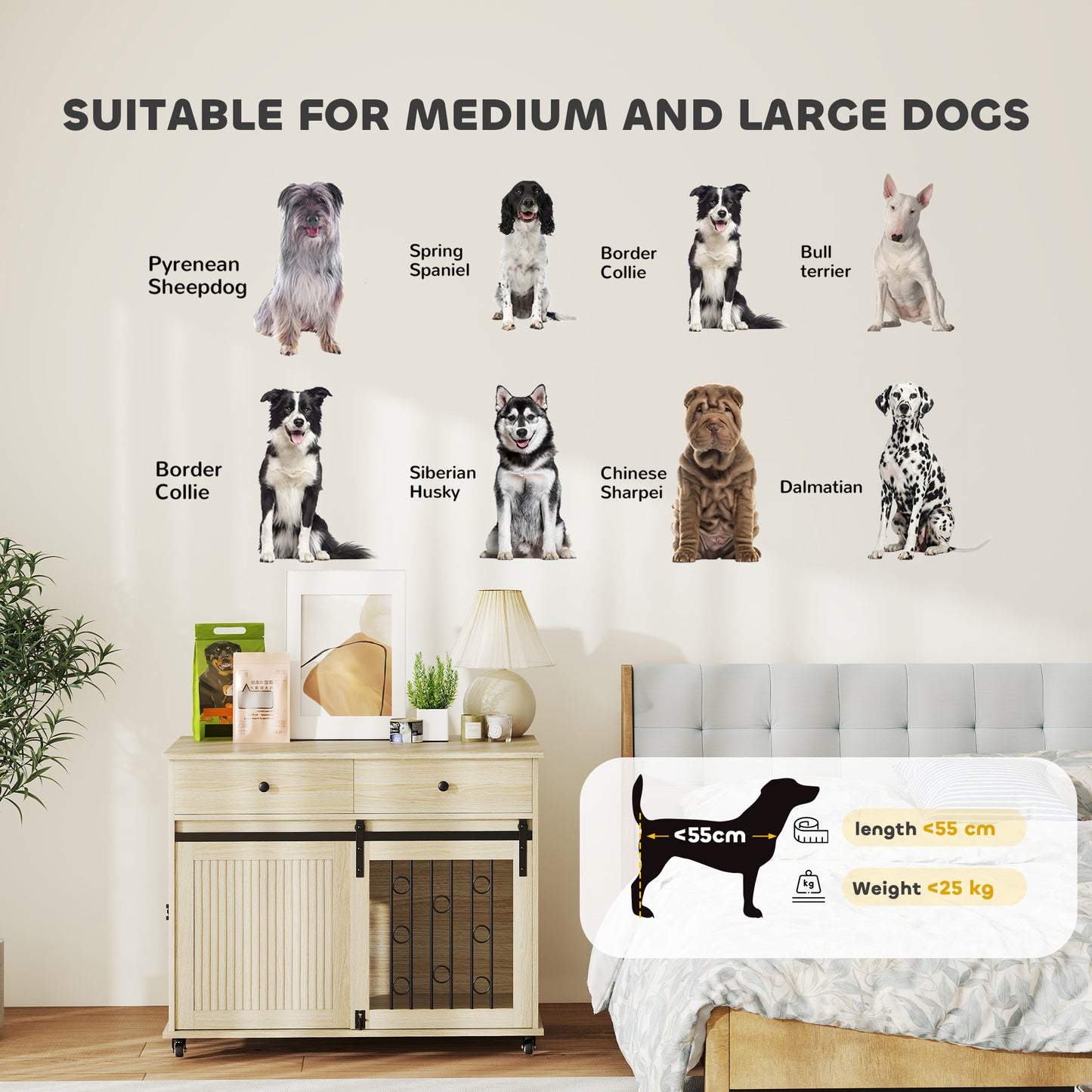 PawHut Dog Crate Furniture on Wheels, Dog Cage with 2 Drawers, Sliding Door, for Medium Large Dogs, Oak Tone