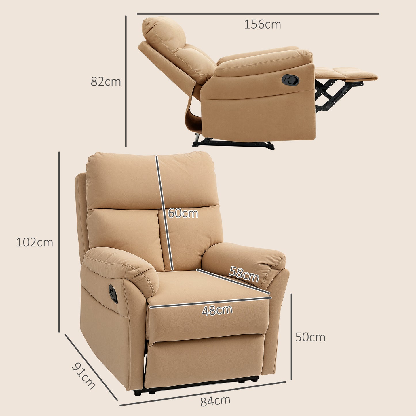 140° Manual Reclining Armchair, with Footrest - Light Brown