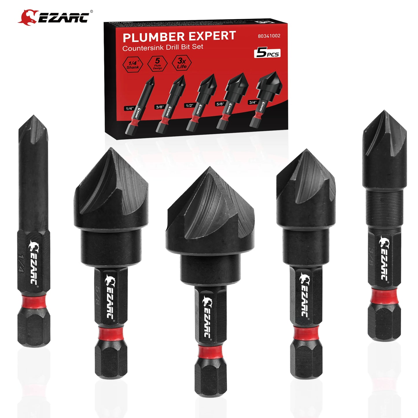 EZARC 5 Piece Countersink Drill Bit Set for Metal, 1/4 Inch Hex Shank Countersunk Bits 82 Degree 5 Flute, 1/4” 3/8” 1/2” 5/8” 3/4”