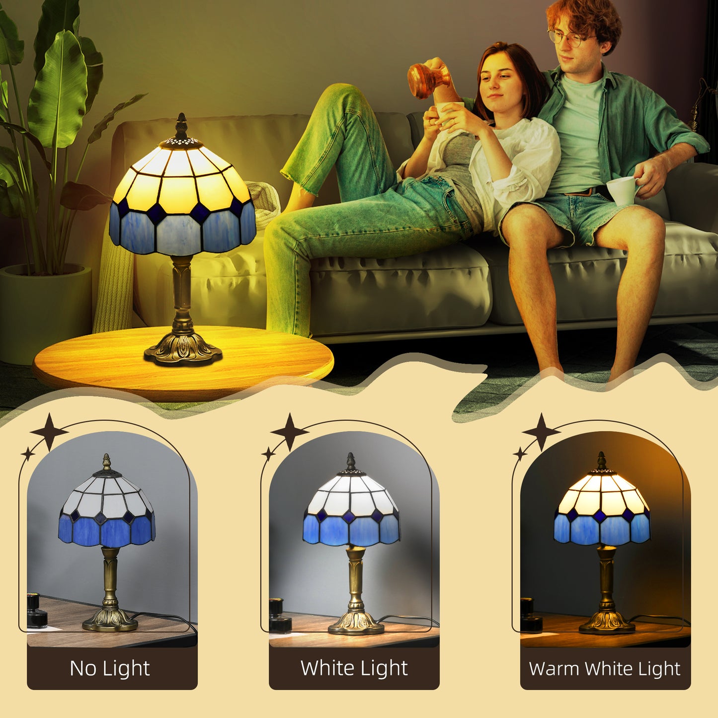 Handmade Stained Glass Table Lamp, Antique Style Bedside Lamp for Bedroom, Living room, Home, Nightstand, Decorative Night Light, Blue