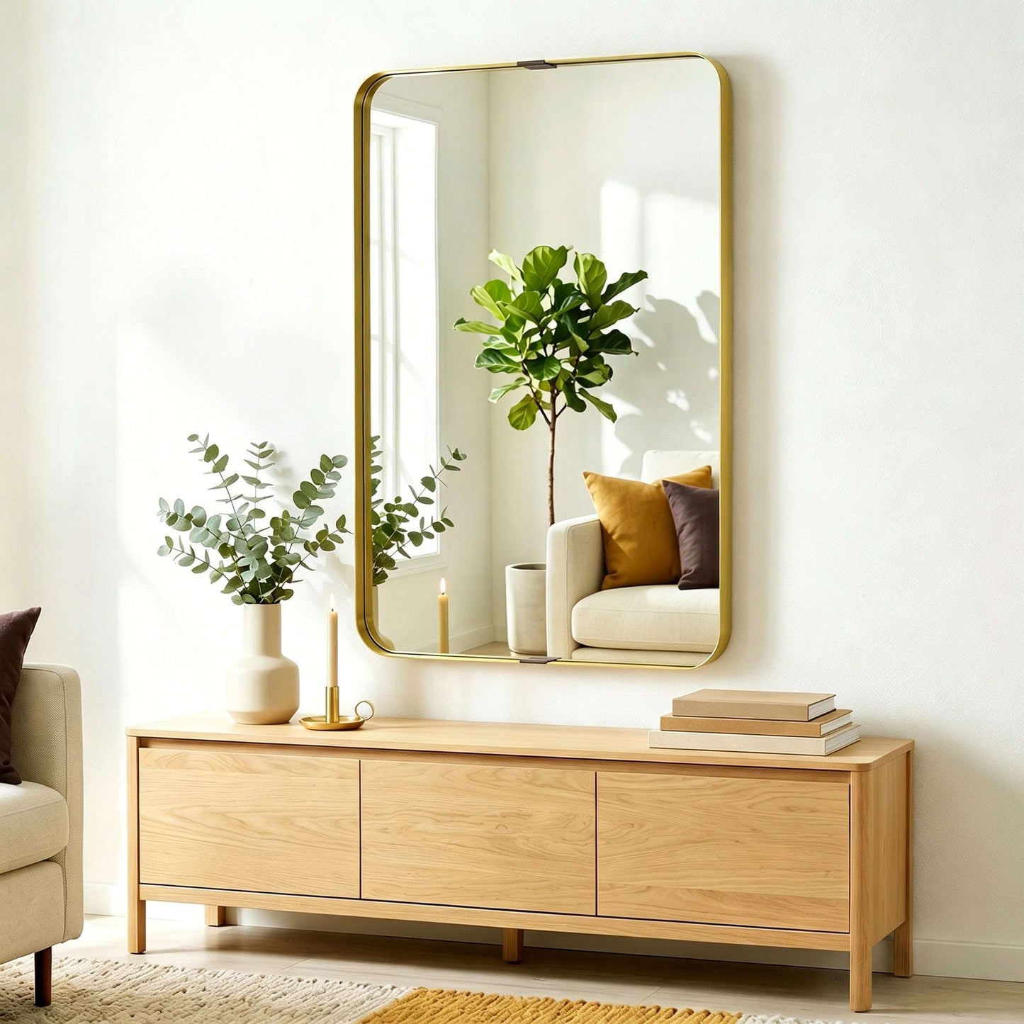 Rectangular Wall Mirror | Shatterproof Tempered Glass | Anodised Aluminium Alloy Frame | 4cm Deep 3D Effect | Soft Rounded Corners | No Assembly | 60x4x90cm | Gold Tone