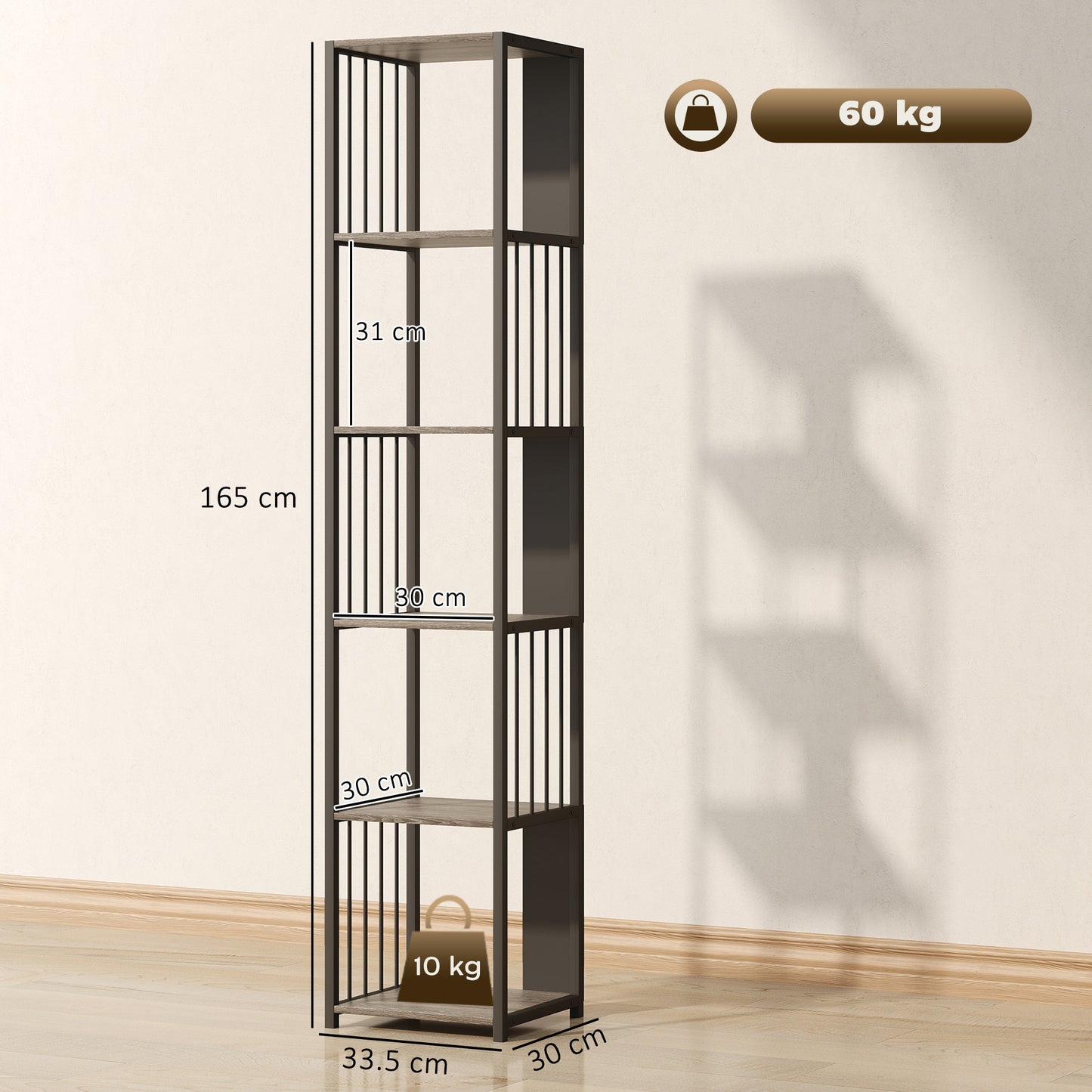 5-Tier Bookshelf with Steel Frame - Grey