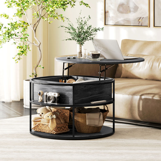 Lift Top Coffee Table, Round Coffee Table with Storage Shelf, Hidden Compartment and Steel Frame, Charcoal Grey