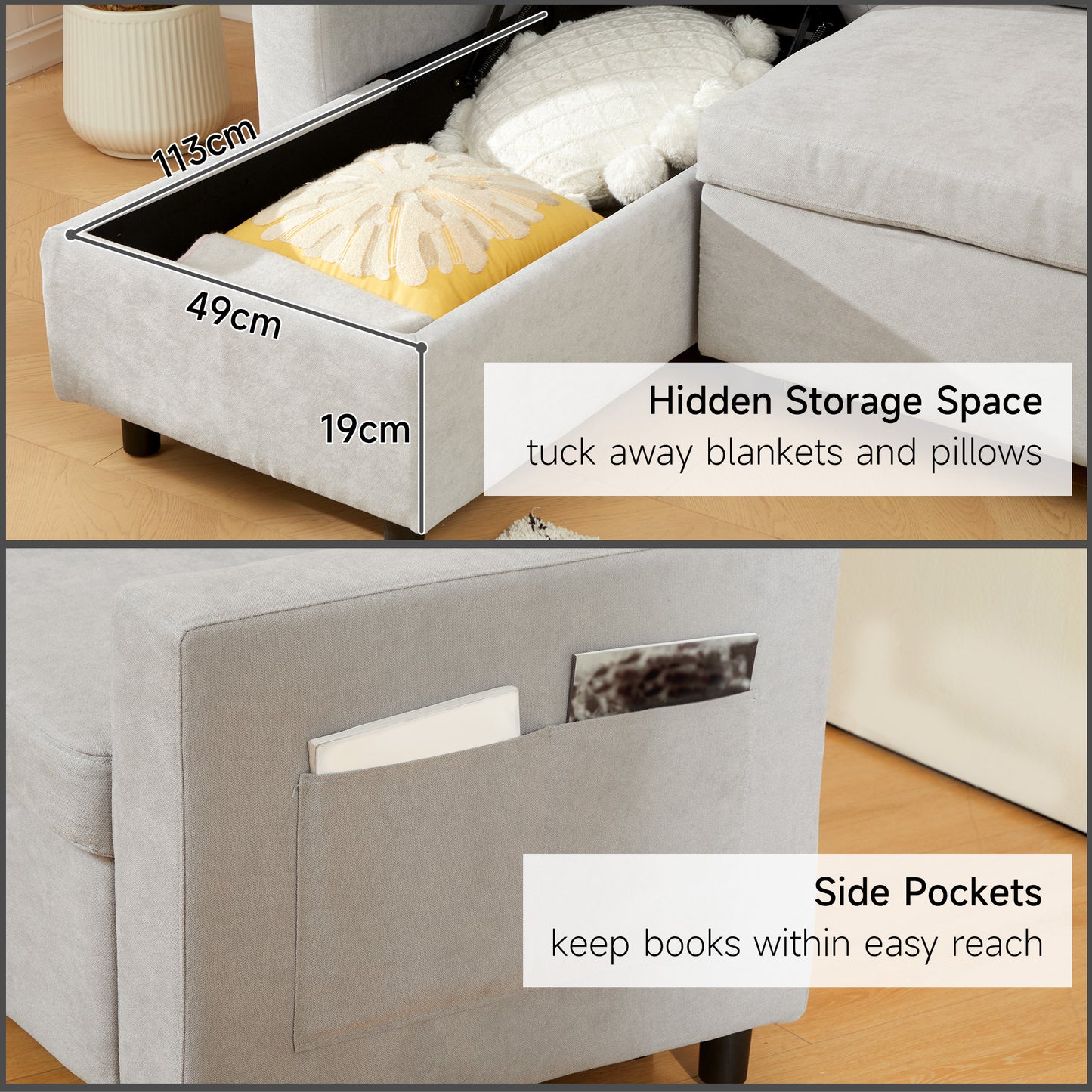 Three Seater L Sofa Bed, with Storage - Light Grey
