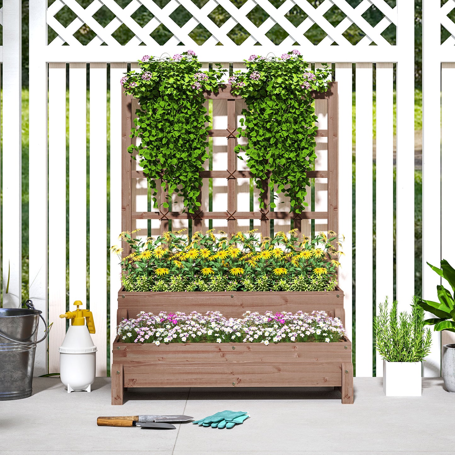 2-Tier Raised Bed with Trellis, Wooden Elevated Planter Box, Outdoor Raised Planter for Climbing Plants, Fruits, Vegetables, Flowers, Brown