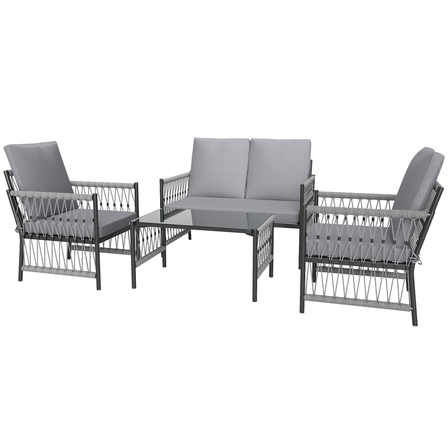 Outsunny 4 Piece Rattan Garden Furniture Set, 4 Seater Wicker Patio Conversation Set with 2 Armchairs, Loveseat, Glass Top Coffee Table and Cushions
