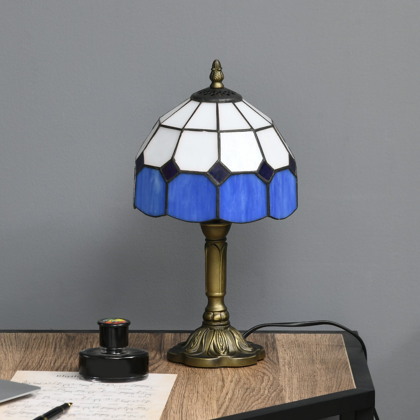 Handmade Stained Glass Table Lamp, Antique Style Bedside Lamp for Bedroom, Living room, Home, Nightstand, Decorative Night Light, Blue