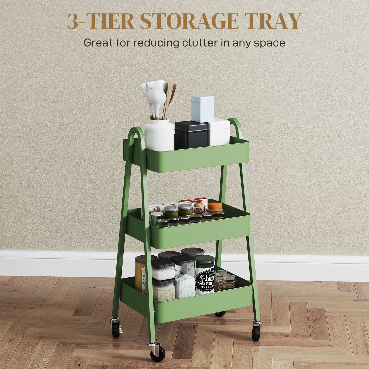 Three-Tier Storage Cart Trolley - Green / Pink