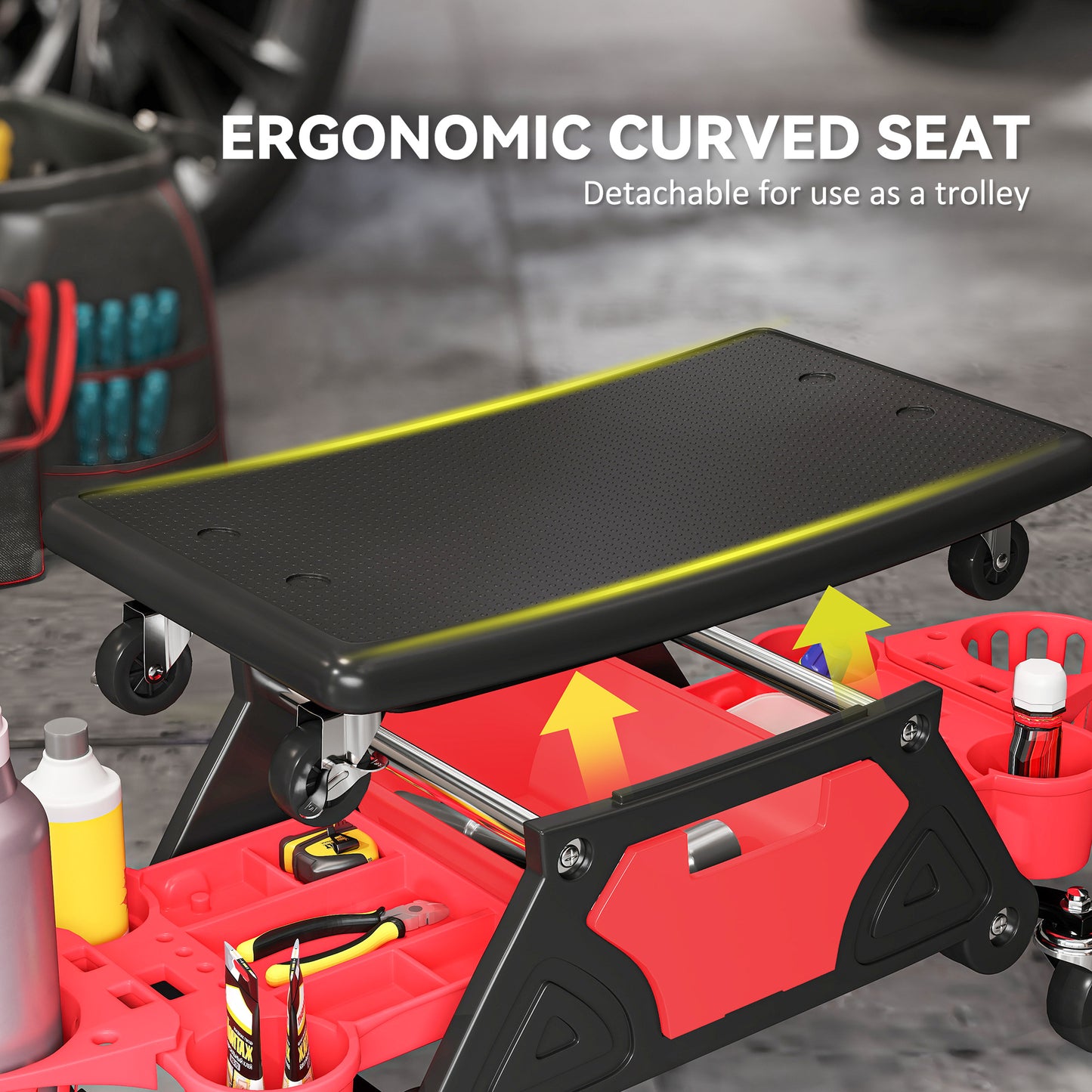 Rolling Mechanic Stool, 135kg Capacity Workshop Stool with 360° Swivel Wheels, Roller Creeper Seat with Slide Out Tool Trays, Drawer, Bottle Holders for Garage, Shop, Auto Repair