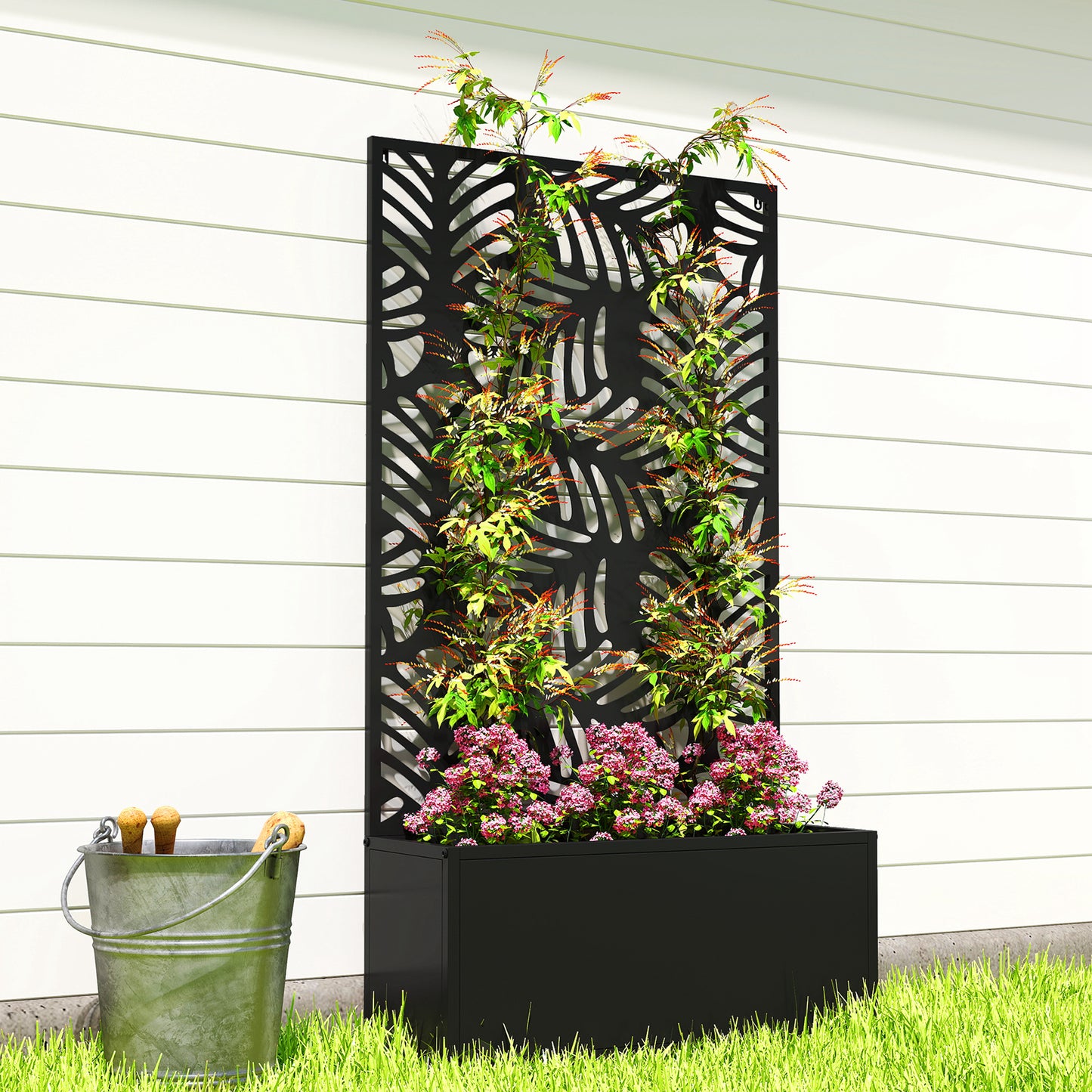 Metal Raised Planter with Monstera Leaf Trellis & Privacy Screen | Wall Mounted or Freestanding | 29L Soil | 50kg | Powder-Coated | 61x23x113cm | Climbing Plants | Black