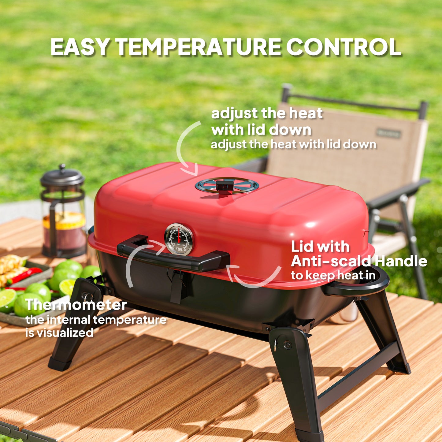 Charcoal Camping Picnic Barbecue Grill Folding BBQ Grill with 1232 cm² Cooking Area, Adjustable Vent, Thermometer, Handles, Red