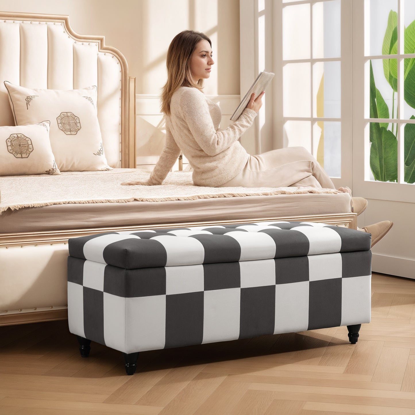 114 x 47 x 47cm Velvet Storage Ottoman, Button-tufted Footstool Box, Toy Chest with Lid for Living Room, Bedroom, Dark Grey and White