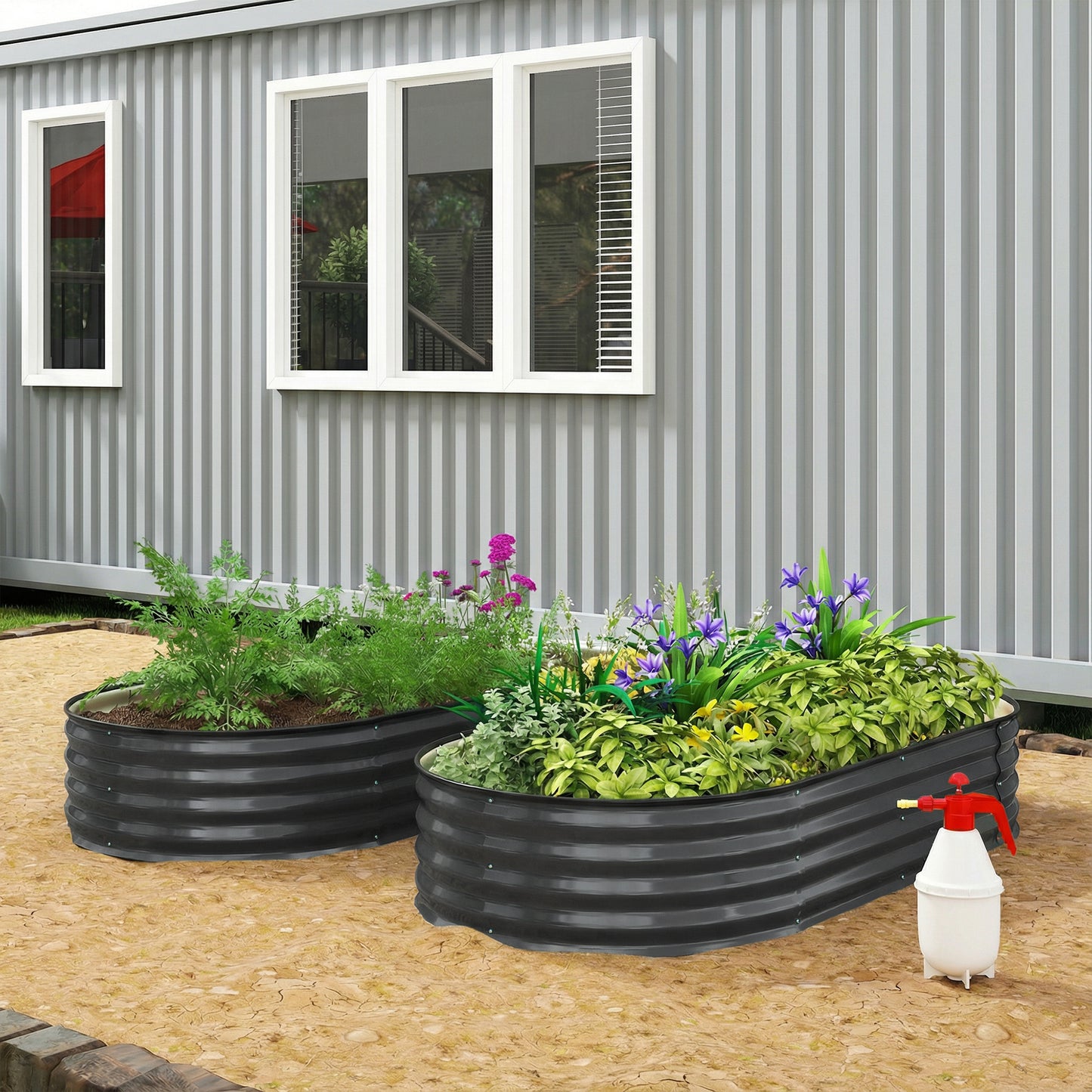 Flexible Galvanised Steel Raised Garden Bed | Safety Rubber Edging | Open Bottom | Configurable Round Oval or Oblong | 180x90x30cm | For Flowers Herbs & Succulents | Dark Grey